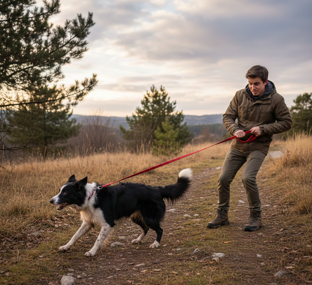 cachorro de border collie tirando de la correa